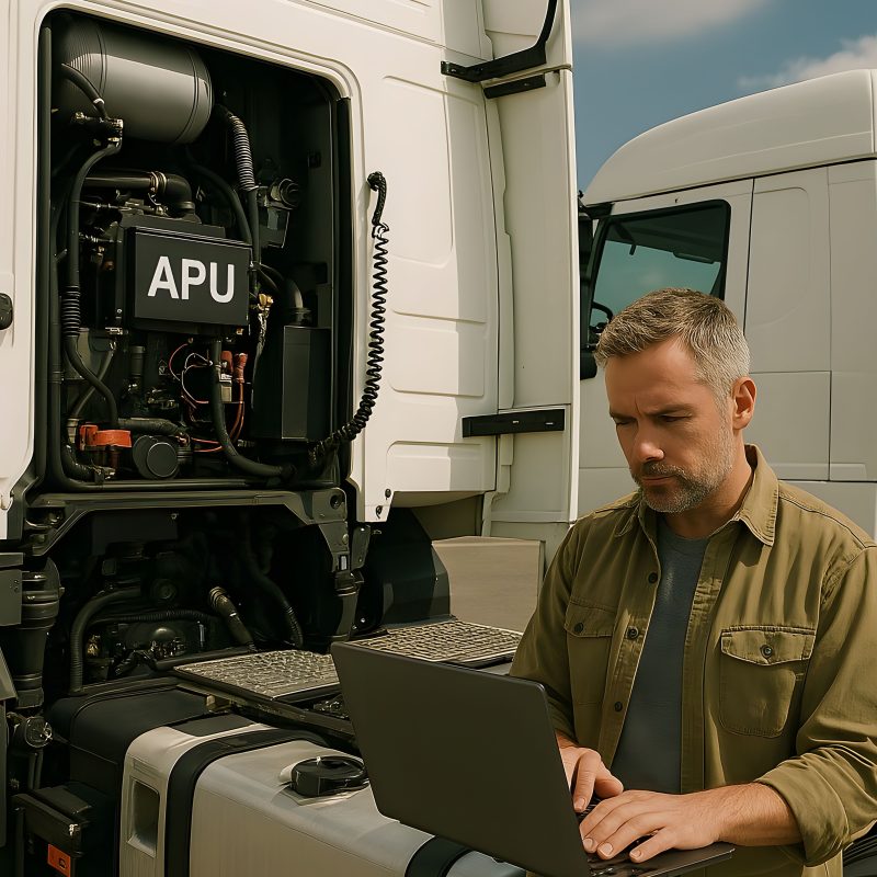 A Truck technician using a laptop beside a semi-truck equipped with an Auxiliary Power Unit (APU).