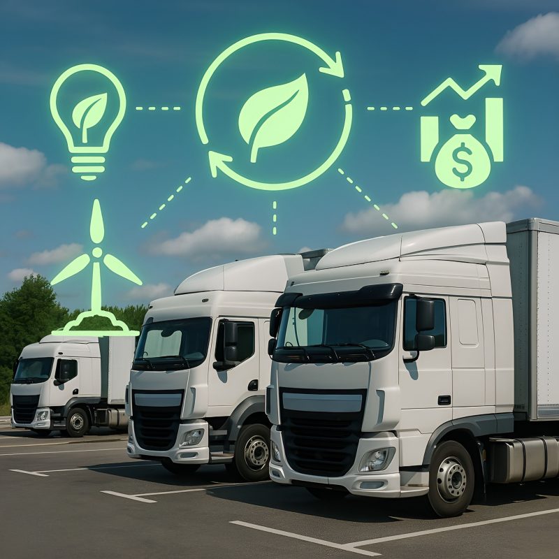 Fleet of eco-friendly trucks with green sustainability and energy icons representing Canada's Green Freight Program and APU grants
